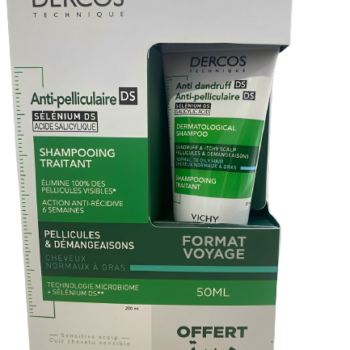 VICHY DERCOS SHAMPOOING ANTI-PELLICULAIRE DS CHEVEUX NORMAUX A GRAS 200ML + SHAMPOOING FORMAT VOYAGE OFFERT 50ML